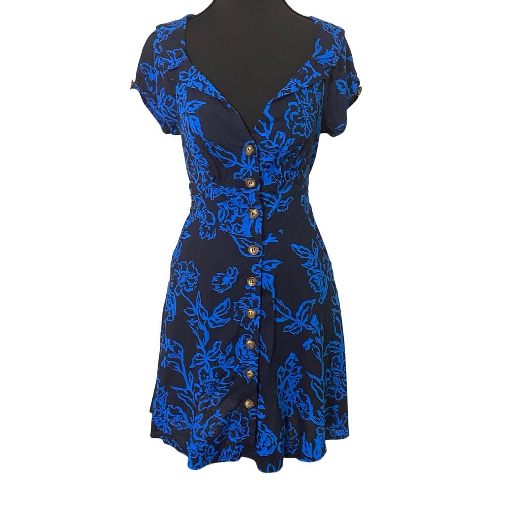 Free People Blue Floral Linen Blend Button Front Mini Dress XS Boho Resort Beach